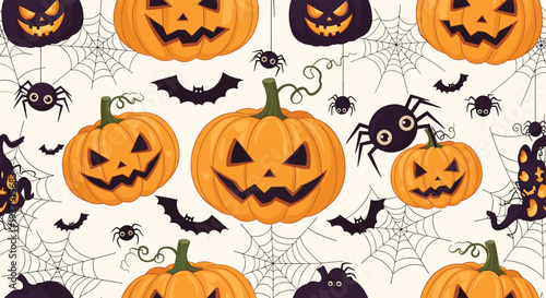 Spooky Halloween seamless pattern featuring jack o lantern pumpkins black spiders on webs and flying bats on a cream colored background.