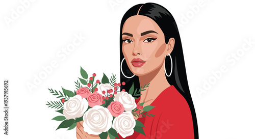 Elegant illustration of a fashionable woman with long black hair and hoop earrings holding a beautiful bouquet of white and pink roses.