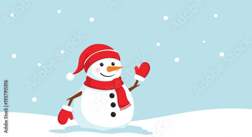 Friendly smiling snowman wearing a bright red hat scarf and mittens waving one hand in a snowy winter landscape against a light blue sky.