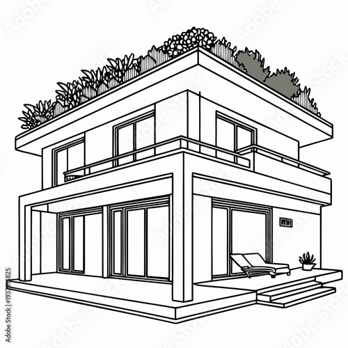 A detailed line drawing of a modern two-story house with a slanted roof and a car parked in the driveway. Vector