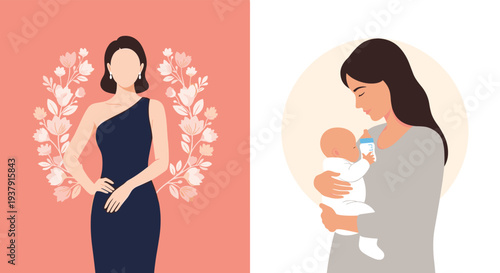 Comparative illustration showing a woman in a glamorous blue evening dress next to a tender scene of a mother breastfeeding her infant.