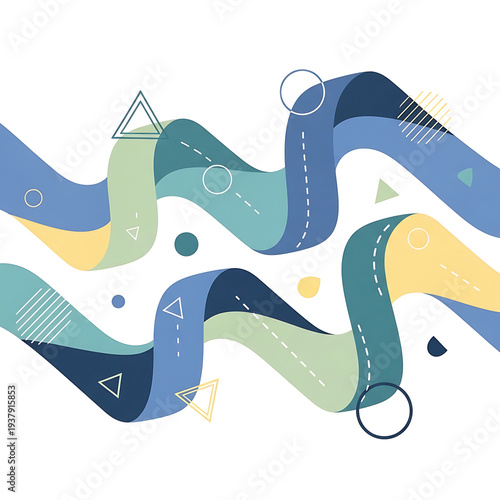 Colorful flowing ribbon waves with abstract geometric shapes and dashed lines, representing movement and connection