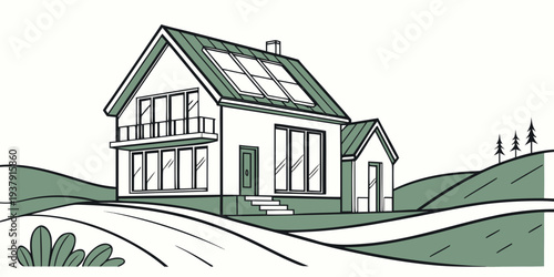 A charming countryside house with a large garden and a clear blue sky Vector