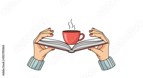 Peaceful illustration of hands holding an open book with a warm red mug of coffee or tea resting on the pages for cozy reading moments.