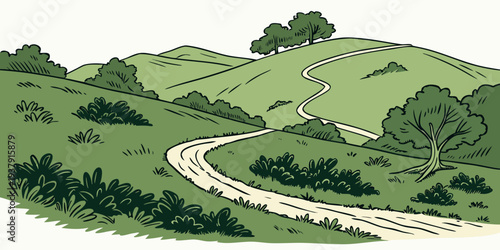 A picturesque landscape showcasing a winding road through lush green hills and valleys Vector