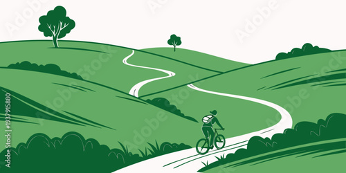 A winding path through a lush green countryside with trees and a small house in the distance Vector