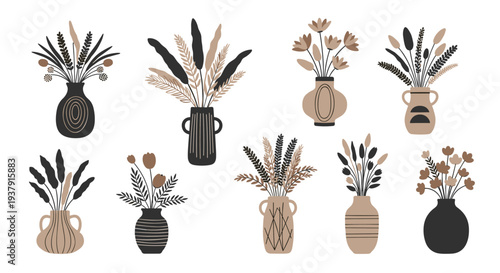 Elegant collection of ten diverse ceramic vases holding various arrangements of dried plants and flowers in soft neutral and earthy tones.