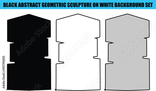 Black and gray abstract geometric sculptures on white background