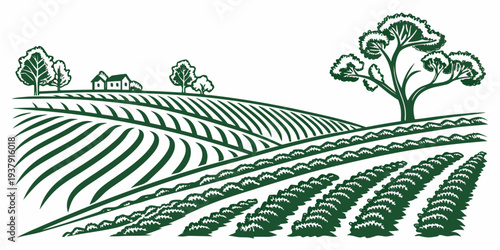 A serene countryside landscape with rolling hills and a lone tree in the distance Vector