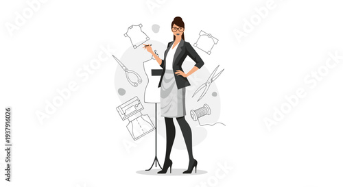 Professional female fashion designer in a grey outfit standing with sewing tools dress forms and sketches for clothing design concepts.