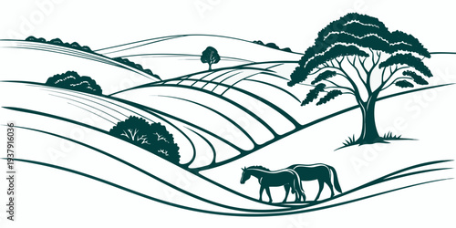 Horses grazing in a lush green field with rolling hills and trees in the background Vector