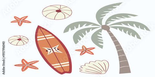 Vibrant beach scene with surfboard, seashells, and palm tree Vector