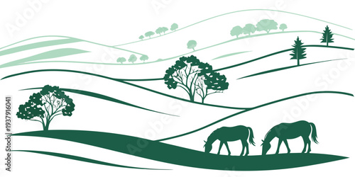 A serene landscape with rolling hills, trees, and a winding path under a clear sky Vector