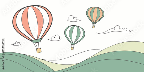 Colorful hot air balloons floating over a picturesque landscape Vector