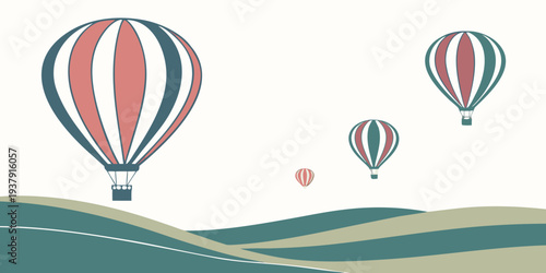 Colorful hot air balloons floating over a picturesque landscape. Vector