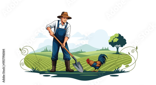 Hardworking farmer in overalls using a shovel in a fertile field next to a colorful rooster with rolling hills in the rural background.