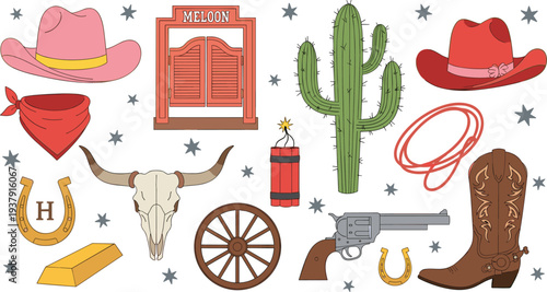 Wild West Vector Set with Cowboy Hats, Guns, Cactus, Horseshoe, and Rodeo Icons for Western ThemeWild West Vector Set with Cowboy Hats, Guns, Cactus, Horseshoe, and Rodeo Icons for Western Theme