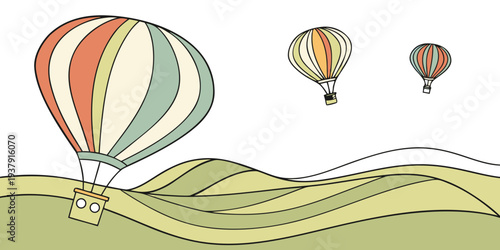 Three colorful hot air balloons floating over a green landscape with hills Vector