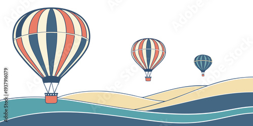 Colorful hot air balloons floating over a serene body of water with a sandy shore. Vector
