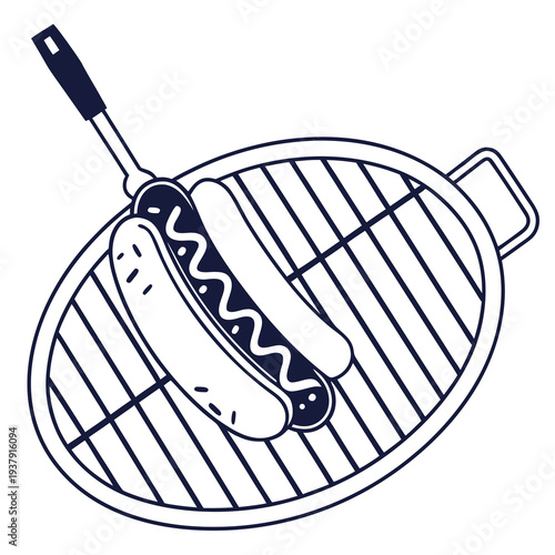 A sizzling sausage cooks on a hot grill with a spatula nearby. Vector
