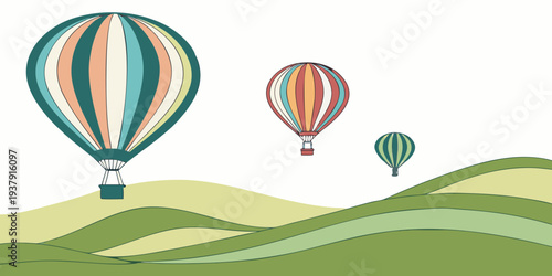 Three colorful hot air balloons floating over a lush green hillside landscape Vector