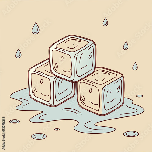 Three ice cubes melting on a wet surface with raindrops falling around them Vector