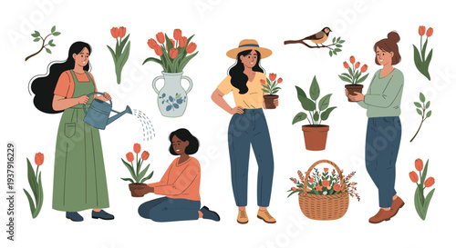 Lovely collection of women engaged in gardening activities with various flowers pots a watering can and a bird in a natural setting.