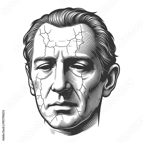 classical male statue face with subtle porcelain-like cracks, fragility, aging, and timeless ancient sculpture sketch engraving generative ai vector illustration. Scratch board. Black and white.