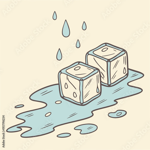 Three cubes of ice melting in a puddle of water with raindrops falling Vector