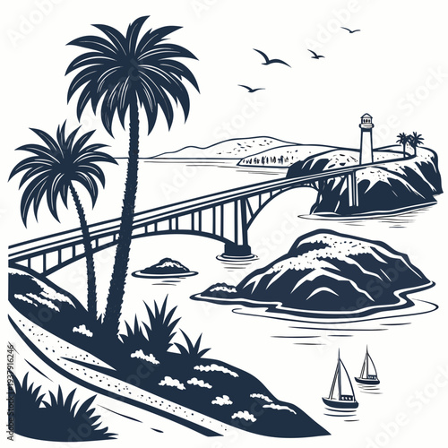 A picturesque tropical island with a bridge connecting two lush palm tree-covered areas Vector