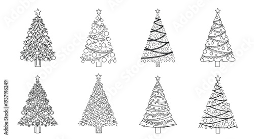 Decorative collection of eight unique black and white line art Christmas trees featuring various ornaments stars and festive patterns.