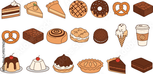 Delicious Desserts Vector Set Featuring Cakes, Ice Cream, Brownies, Donuts, and Pastries for Sweet TreatsDelicious Desserts Vector Set 