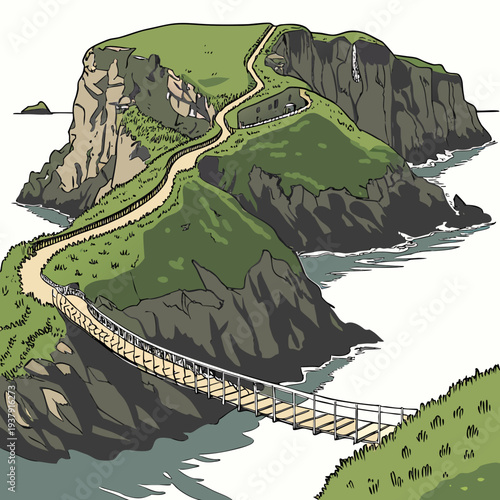 A winding road on a cliffside overlooking the vast ocean below. Vector