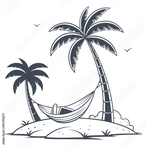 A tranquil hammock nestled between two palm trees on a sandy beach Vector