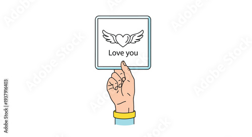 Romantic illustration of a hand holding a decorative card with a winged heart and the text love you for valentine's day themes.