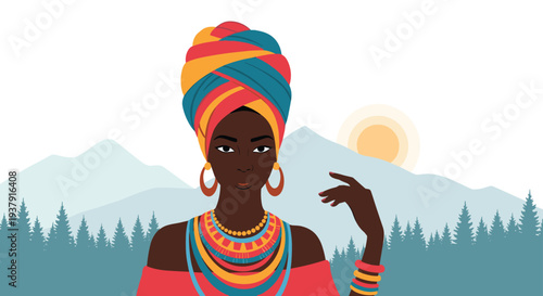 Beautiful African woman wearing a vibrant traditional headwrap and colorful jewelry stands before a serene mountain range at sunset.