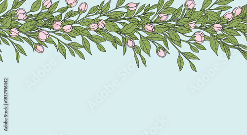 Elegant horizontal border design features delicate pink flower buds and lush green leaves on a soft light blue background.