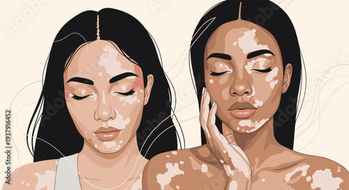 Two diverse women with vitiligo skin condition are captured in a close-up portrait with their eyes closed in peaceful reflection.