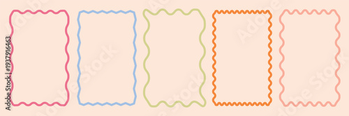 Set of colorful round and oval, rectangular and square, arch shapes with curvy edges. Cute geometric forms with scalloped borders. Empty textboxes, stickers, tags or labels. Vector flat illustration