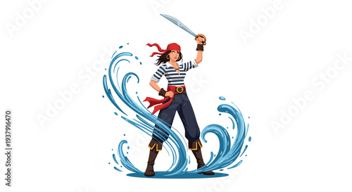 Fearless female pirate stands confidently amidst swirling blue water waves while holding her sharp cutlass high in the air.