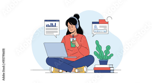 Young woman sits comfortably on the floor while working on her laptop and enjoying a cold drink surrounded by books and plants.