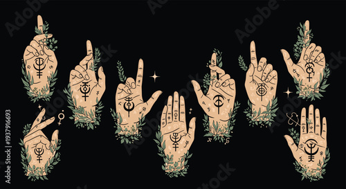 Collection of hands in mystical and esoteric poses features various celestial symbols, green plants, and occult elements.