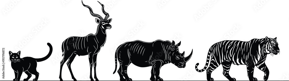 Obraz premium Animal silhouettes featuring domestic cat, antelope, rhinoceros, and tiger with detailed features for wildlife illustration, design, and artistic reference