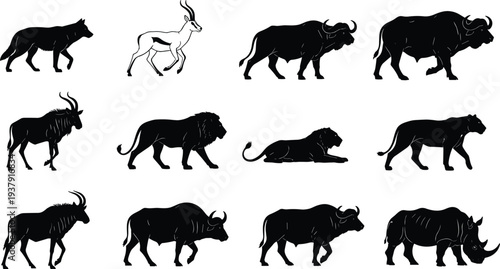 African animal silhouettes including wolf, antelope, buffalo, wildebeest, lion, lioness, and rhinoceros for wildlife illustration, design, and reference