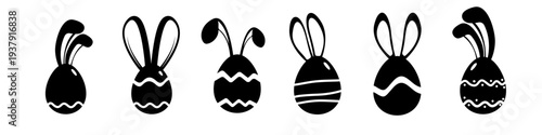 Easter eggs with bunny ears silhouette set. Black and white minimalist egg icons with different patterns for holiday decor and spring crafts isolated on white background. Vector illustration.