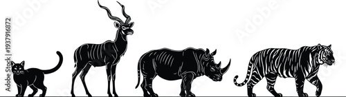 Animal silhouettes featuring domestic cat, antelope, rhinoceros, and tiger with detailed features for wildlife illustration, design, and artistic reference