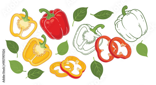 Collection of fresh bell pepper illustrations includes whole and sliced red and yellow peppers alongside various green leaves.