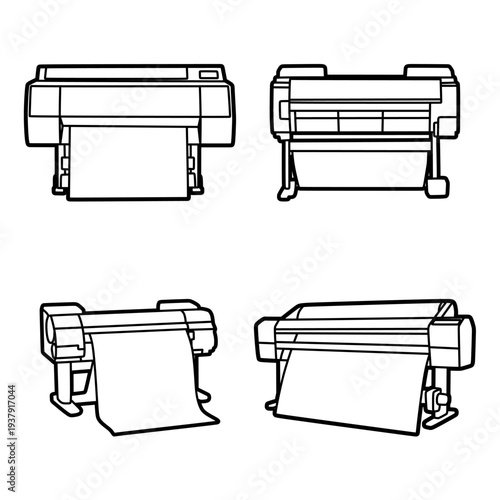 four black and white images of large printers for printing, adjustable lines