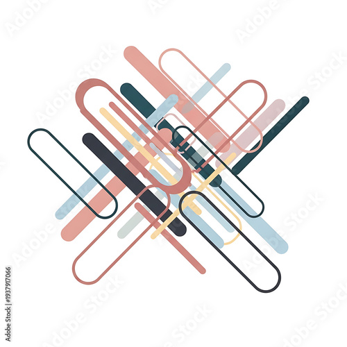Overlapping rounded rectangles in muted pastel and dark tones, creating a dynamic abstract composition