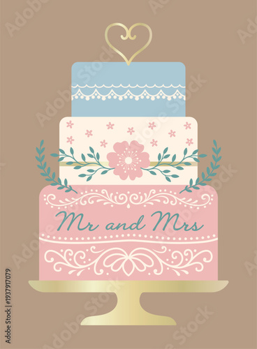 Elegant wedding cake with floral decoration and heart topper flat illustration